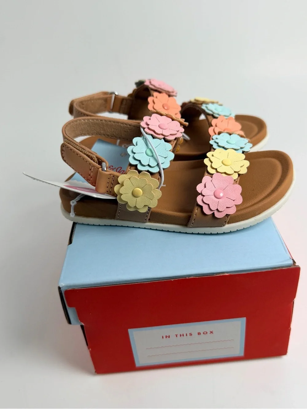 Cat & Jack Tan Sandals with Pastel Flower Appliqués